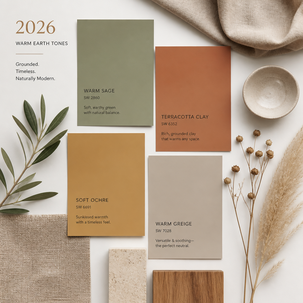 2026 paint color palette arrangement with earth tones and natural textural elements