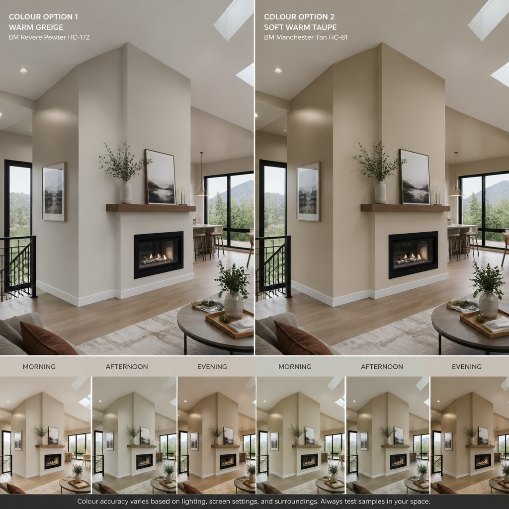 Before-and-after interior paint color comparison in a modern home with natural lighting