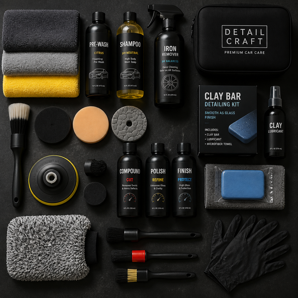 Professional auto detailing supplies and tools organized on a workbench