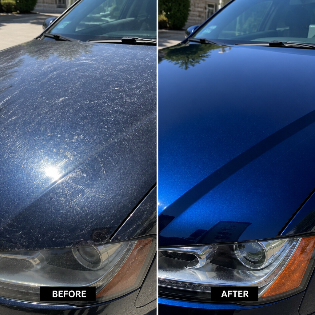 Before and after comparison of car paint restoration through professional detailing