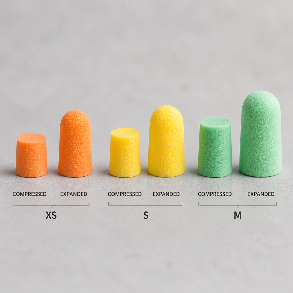 Three earplugs in XS, S, and M sizes arranged to show size comparison