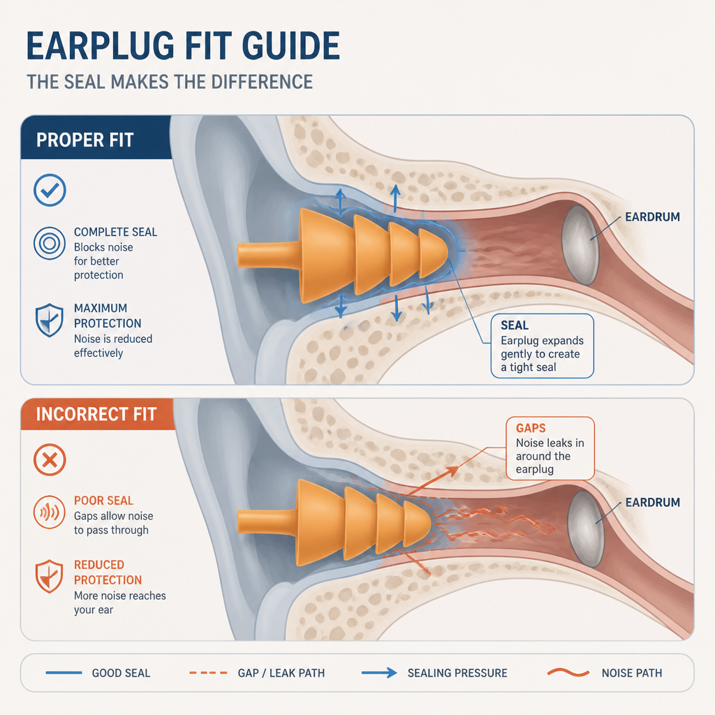 Diagram illustrating correct earplug fit versus poor fit in the ear canal