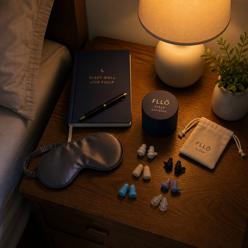 Nighttime bedroom scene featuring earplugs as part of a sleep preparation setup