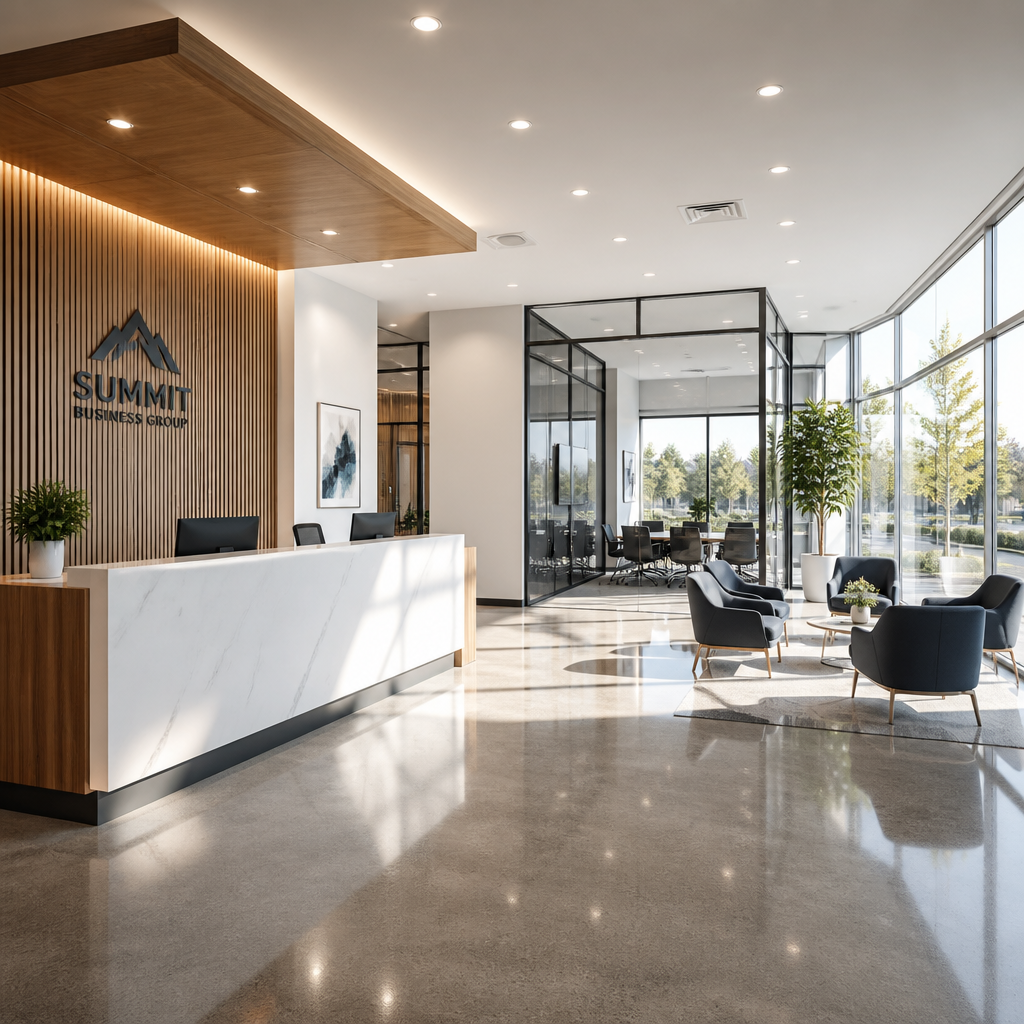 Clean, modern office reception area with polished floors and organized workspace