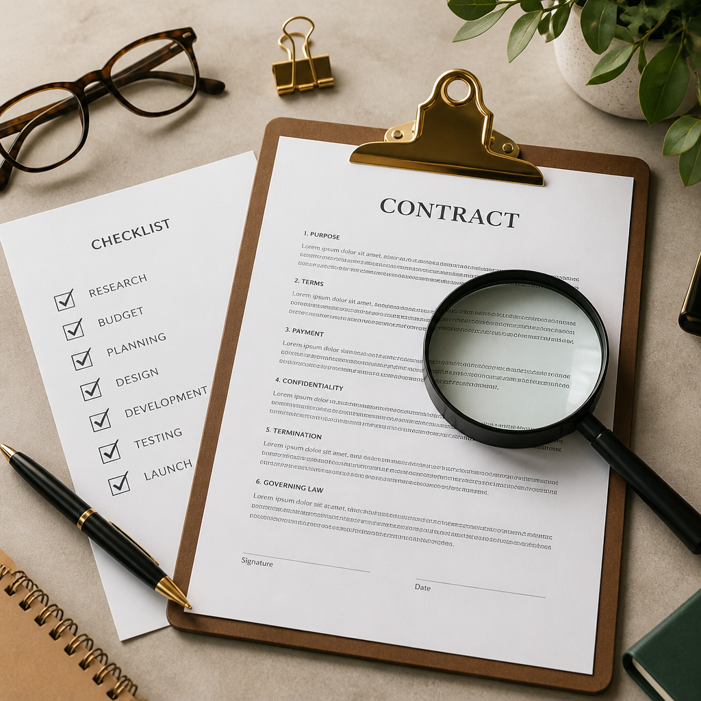 Close-up of contract checklist and verification documents with magnifying glass