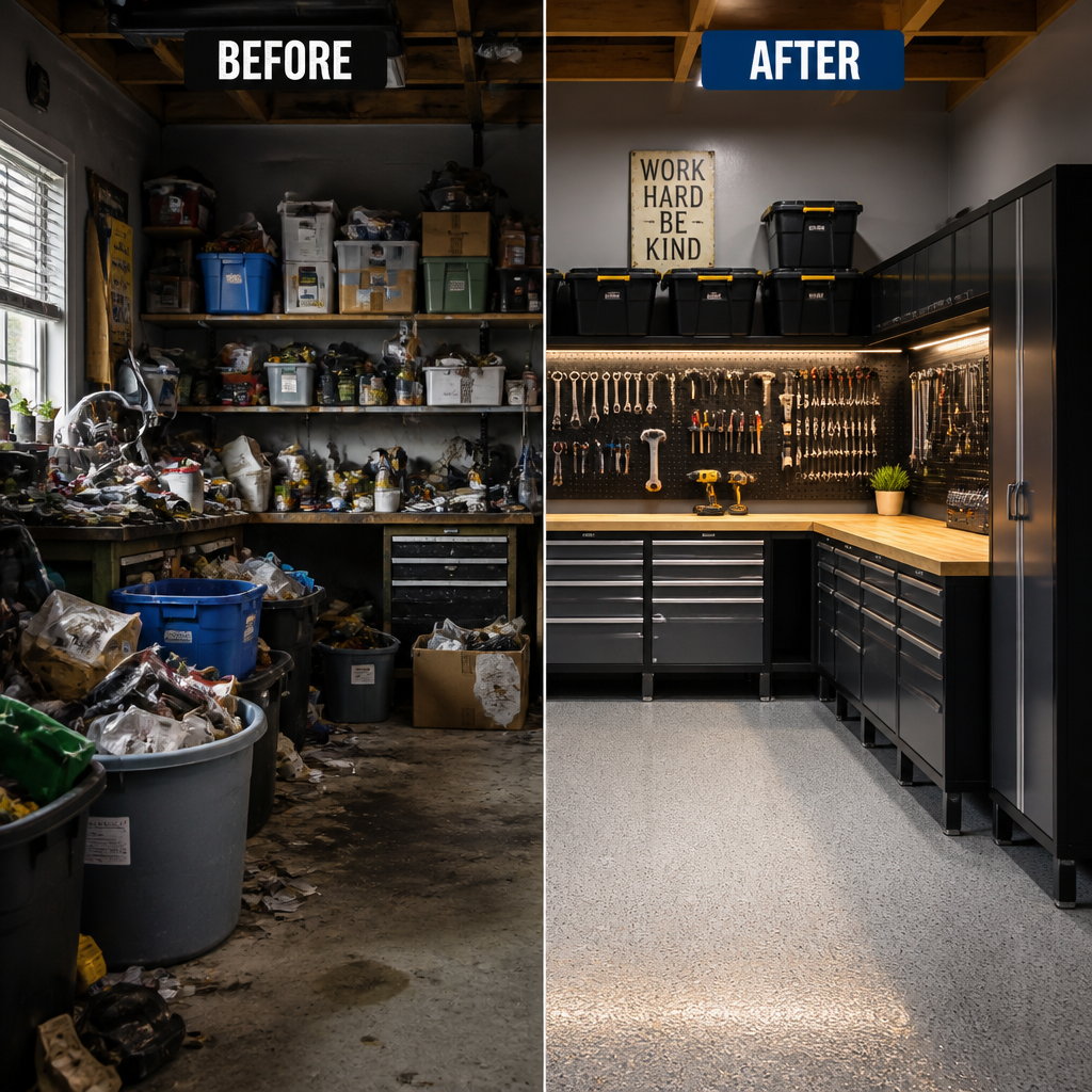 Before-and-after comparison of poorly maintained versus professionally cleaned commercial space