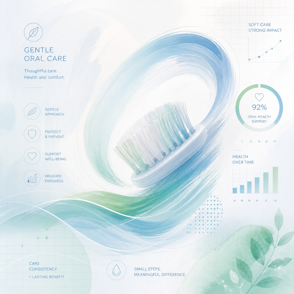 Abstract visual representing gentle, deliberate dental care approach with flowing brush strokes and healthcare metrics