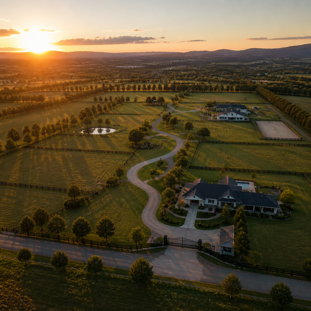 Aerial view of a large rural estate with fencing and fields at sunset