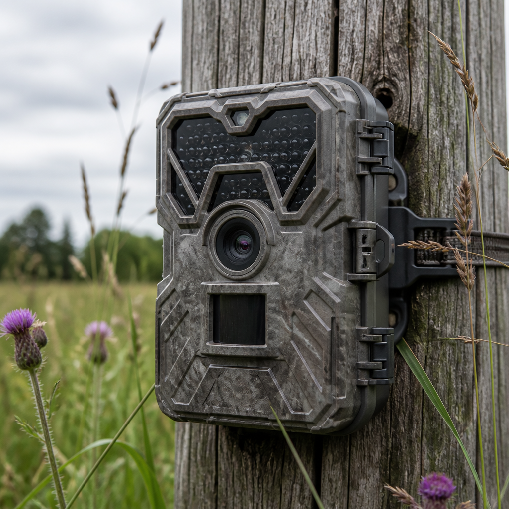 Trail camera mounted on a weathered wooden fence post in a rural field