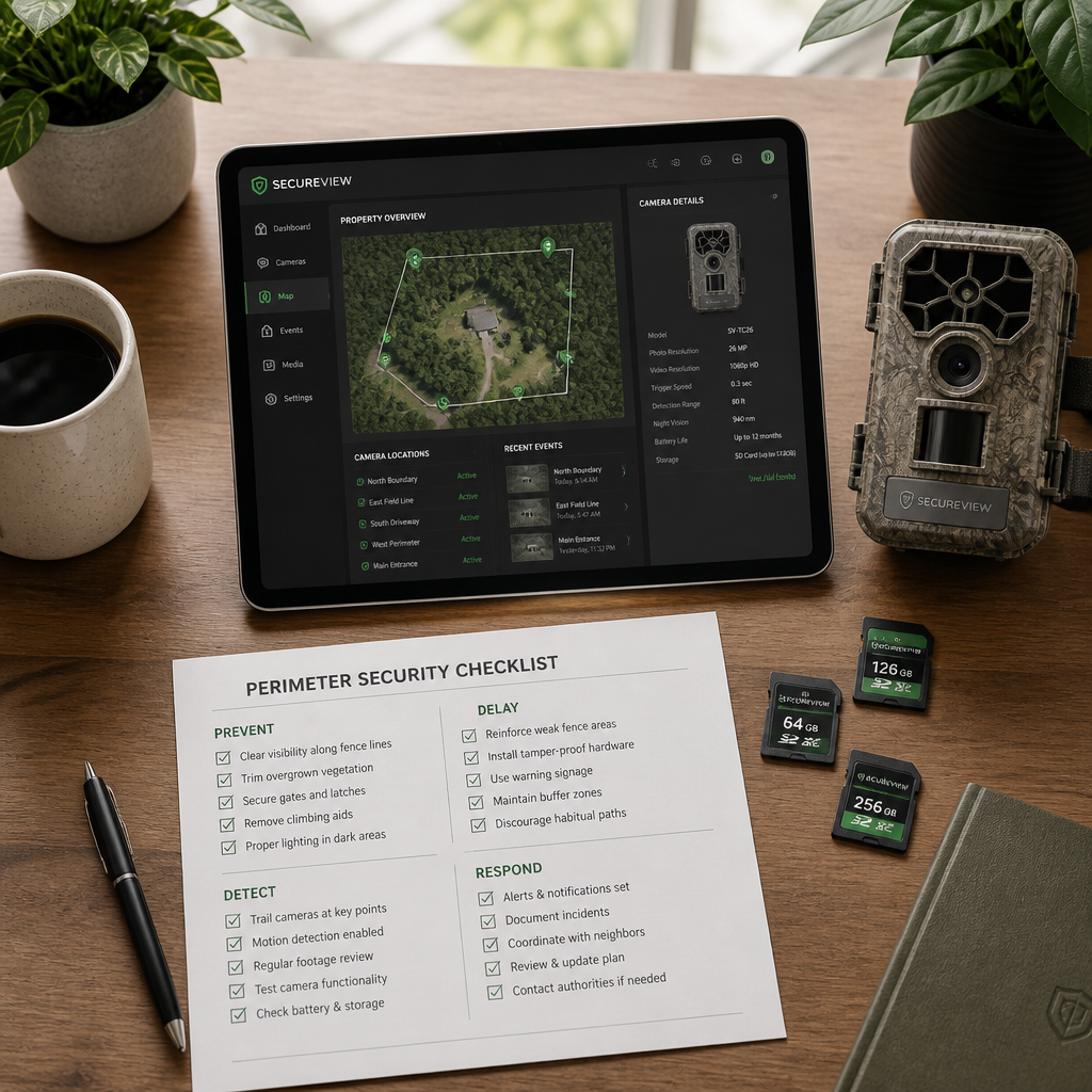 Workspace displaying security monitoring setup with tablet, cards, and property management documentation