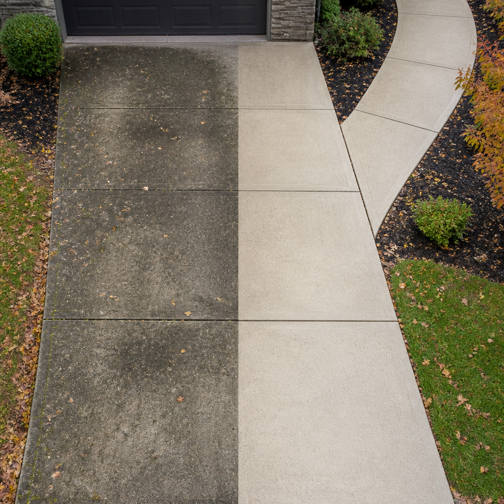 Driveway split view showing dirty weathered concrete transforming to clean power-washed surface