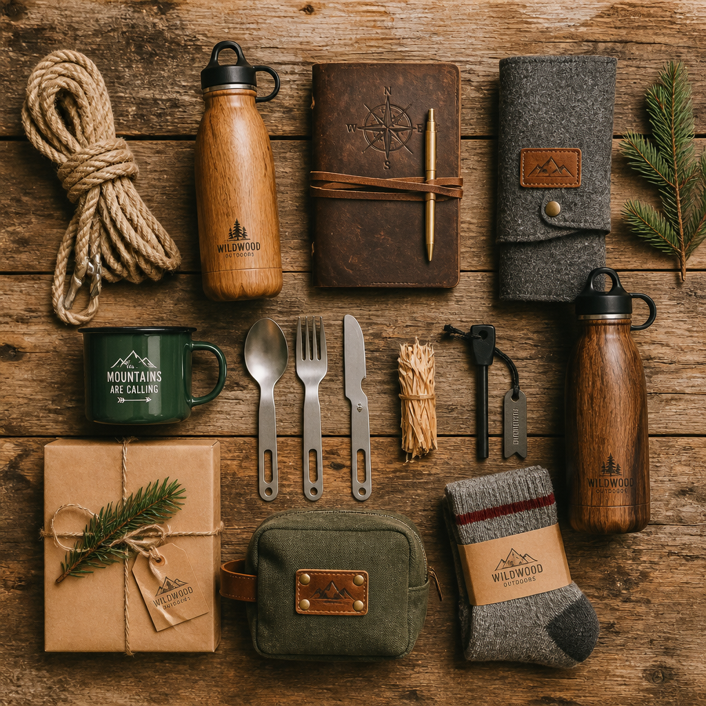 Curated collection of natural material outdoor gifts arranged on wooden surface