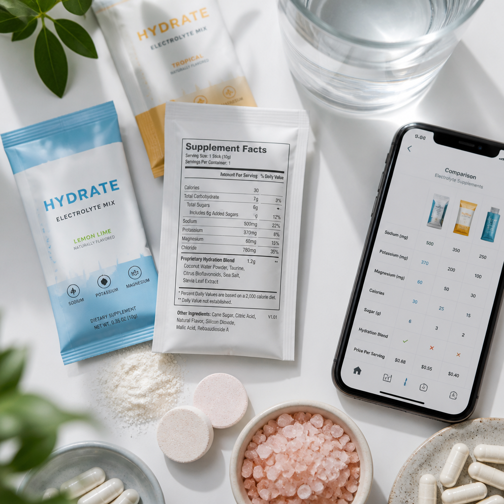 Electrolyte supplements and comparison tools arranged on a white surface with water and nutrition information