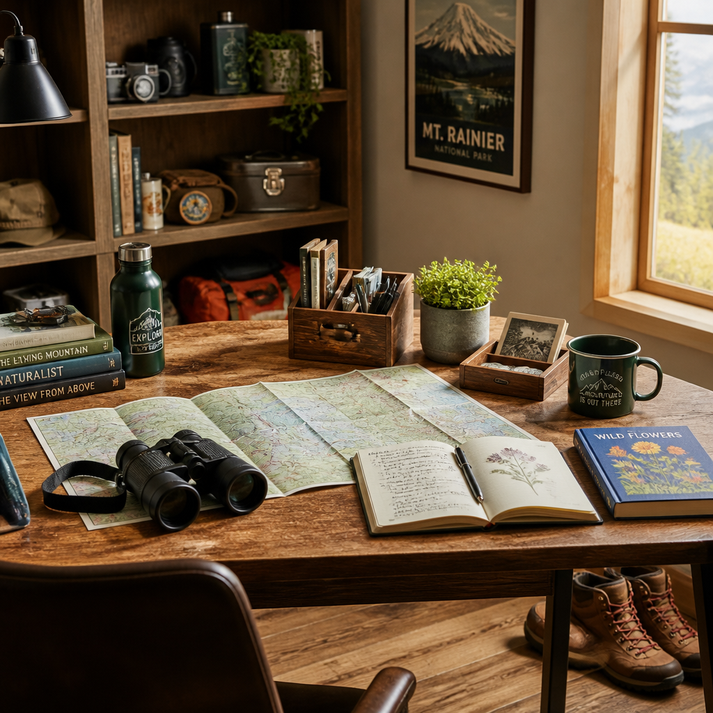 Thoughtfully curated outdoor-inspired workspace displaying functional gift ideas