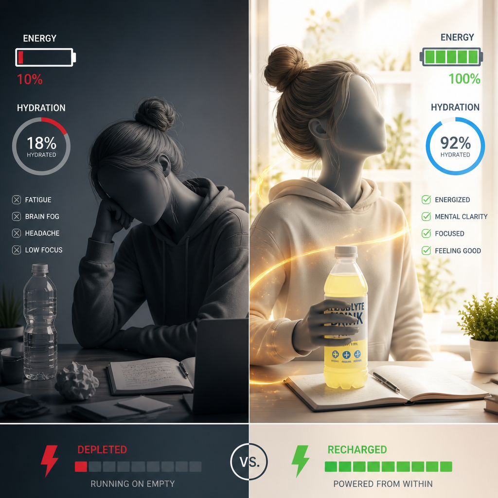 Abstract split composition representing hydration and energy levels before and after electrolyte supplementation