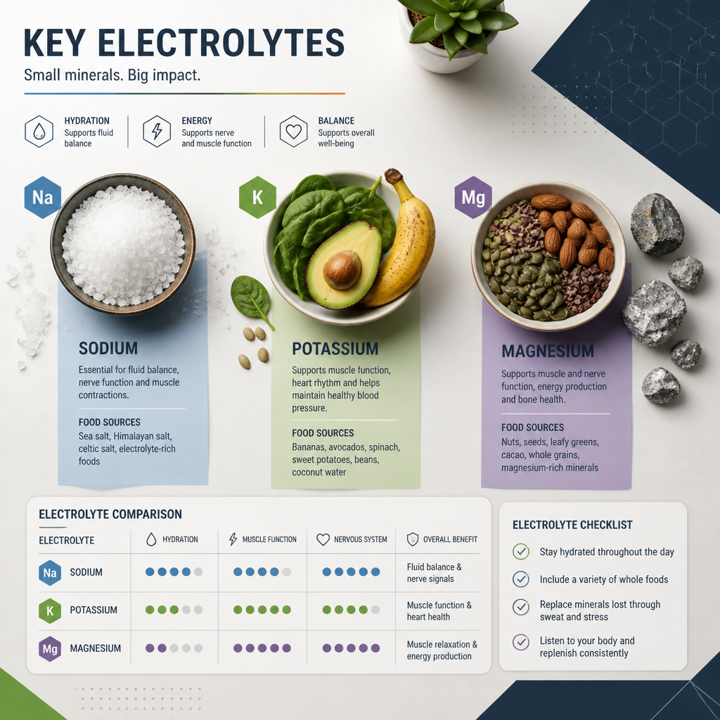 Educational flat lay displaying essential electrolyte minerals with visual comparison and checklist elements