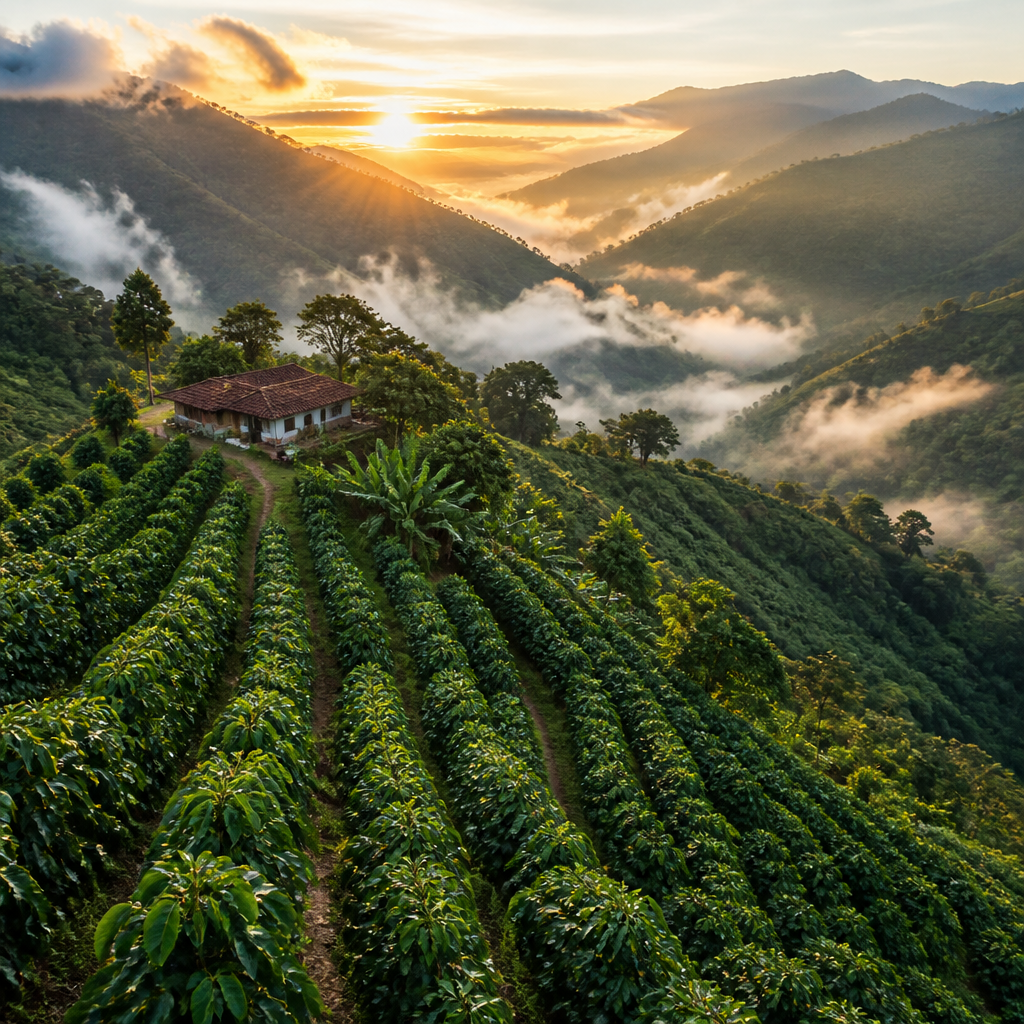 Aerial view of Colombian coffee plantations on misty mountain slopes at sunrise