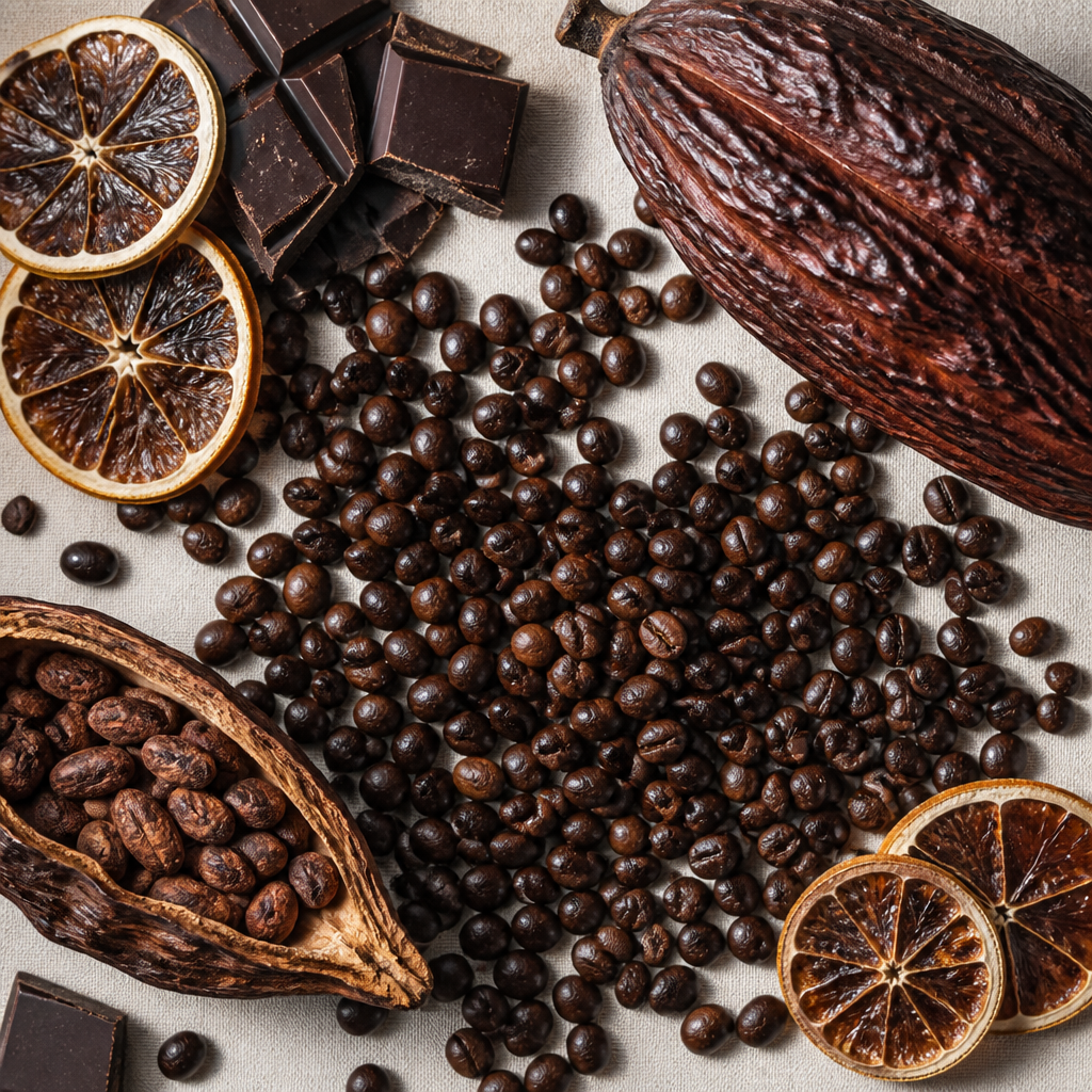 Roasted Colombian coffee beans arranged with chocolate, citrus, and cacao in a flat lay composition