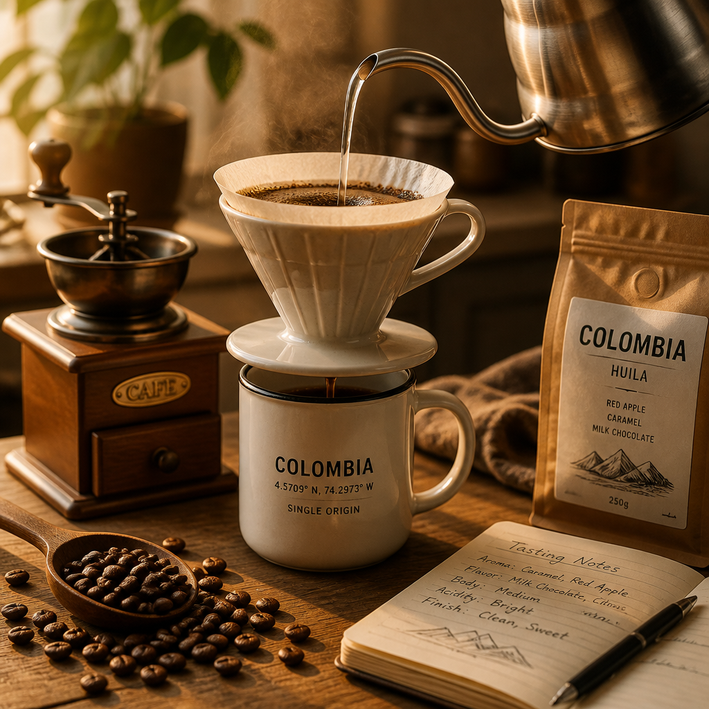 Pour-over coffee brewing setup with Colombian beans and tasting notes in a modern kitchen