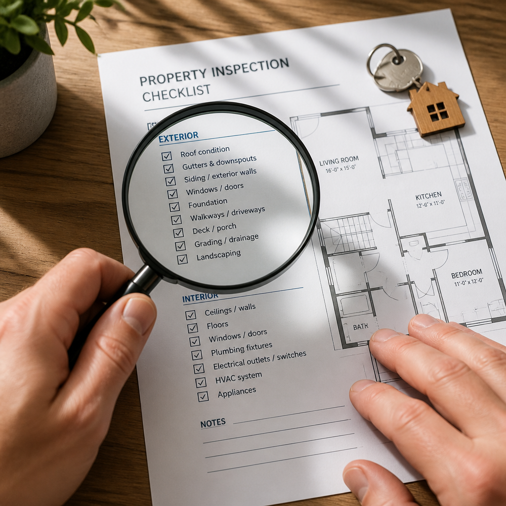 Homeowner examining property inspection documents with magnifying glass and house keys
