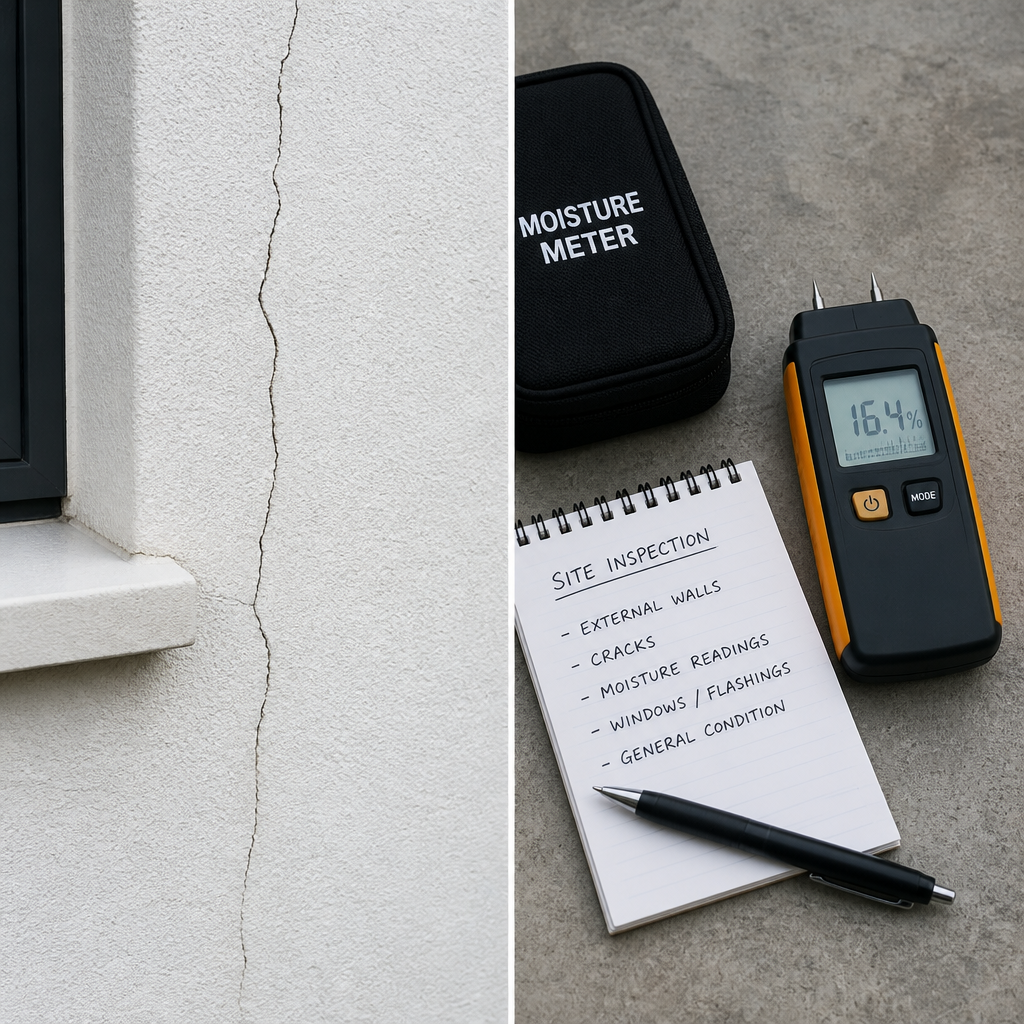 Building defects comparison showing cracked render and professional inspection tools