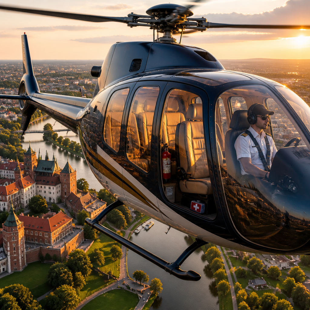Nowoczesny helikopter z dużymi oknami lecący nad polskim miastem o zachodzie słońca