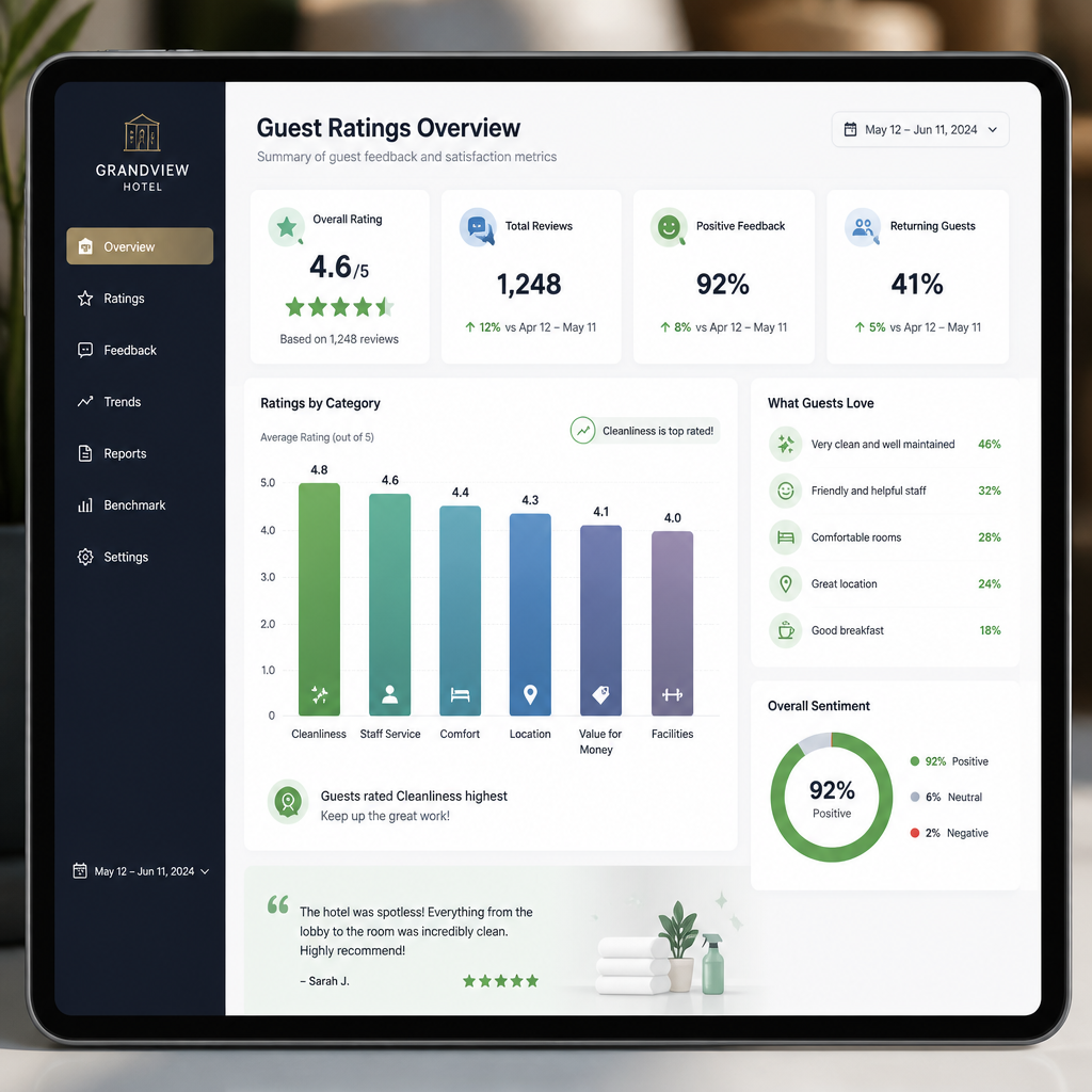 Hotel Cleaning Melbourne: Standards That Keep Guests Coming Back Analytics dashboard showing cleanliness ratings as top guest satisfaction metric - Hotel Cleaning by Vibrant Property Services