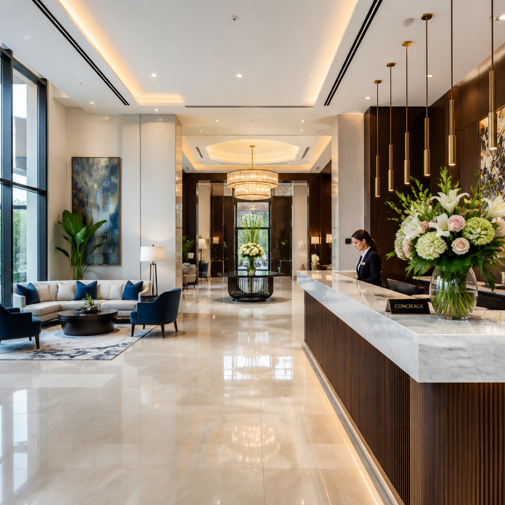 Hotel Cleaning Melbourne: Standards That Keep Guests Coming Back Immaculate hotel lobby with polished floors and well-organized common areas - Hotel Cleaning by Vibrant Property Services