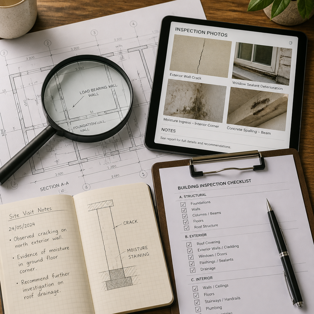 Documents d'expertise bâtiment avec loupe et plans architecturaux