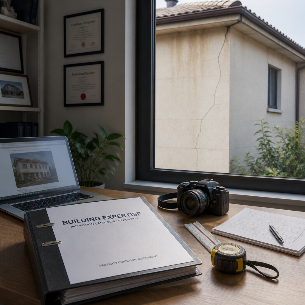 Espace de travail d'expert bâtiment avec inspection en cours de documentation