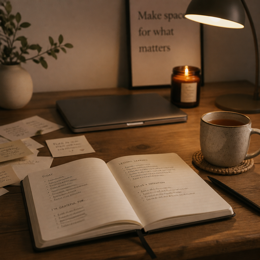 Journal and tea on a desk representing the shift from work mindset to evening relaxation