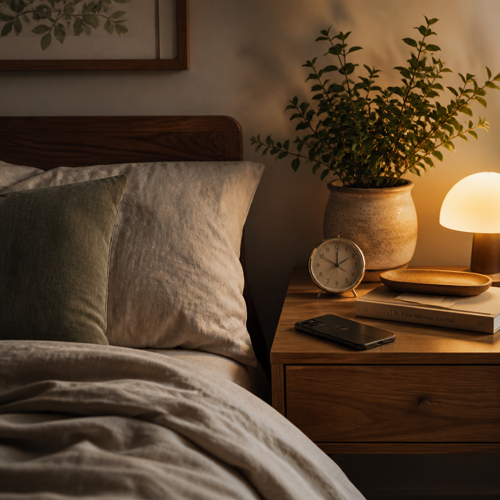 Bedroom with phone set aside and natural elements representing a tech-free wind-down routine