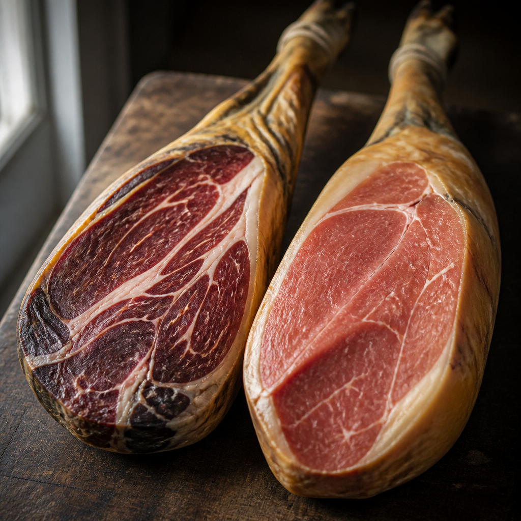 Jamón ibérico y jamón serrano enteros comparados lado a lado