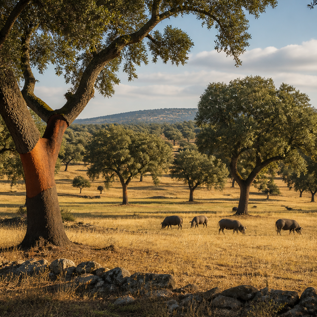 Paisaje de la dehesa española con cerdos ibéricos pastando