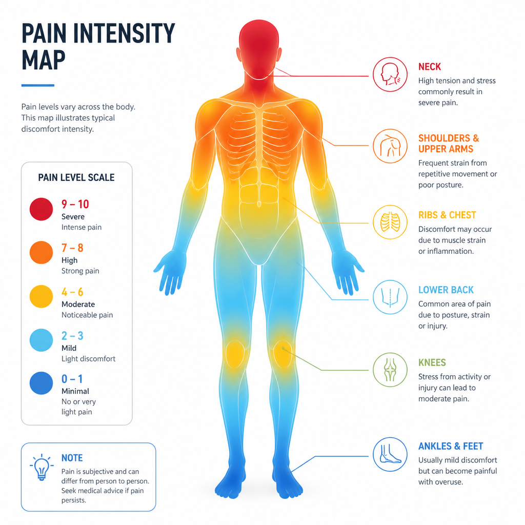 Body map showing different pain intensity zones for tattoo removal across various body locations