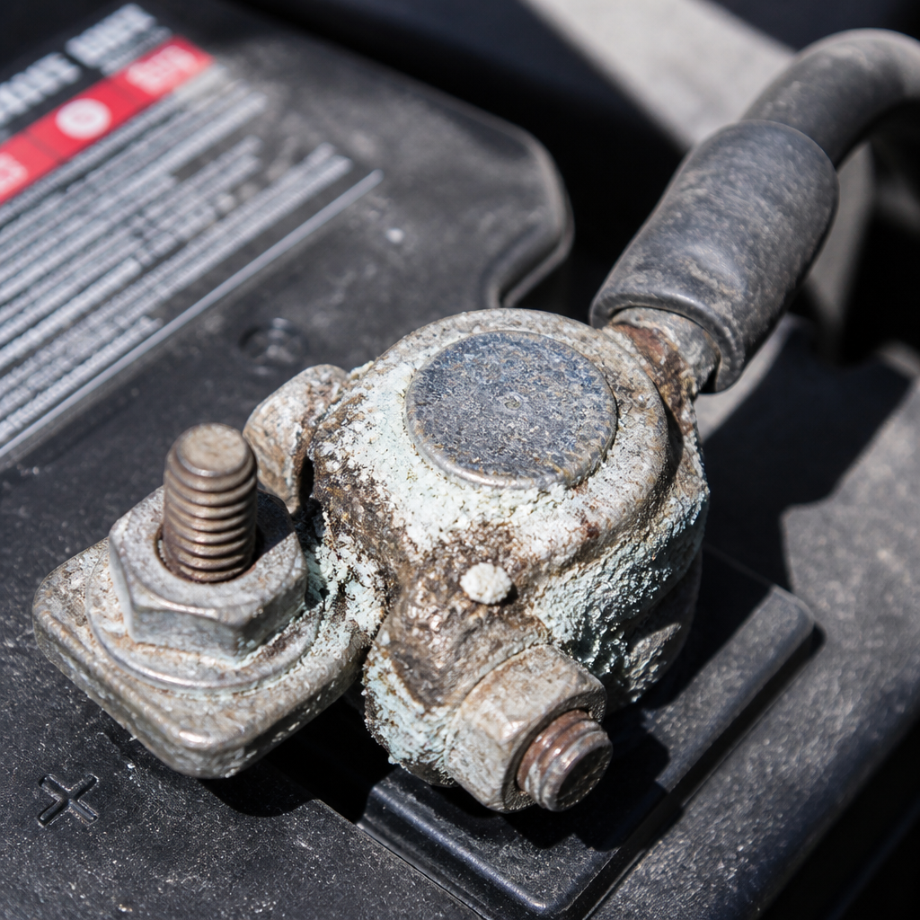 Close-up of corroded car battery terminal showing heat damage