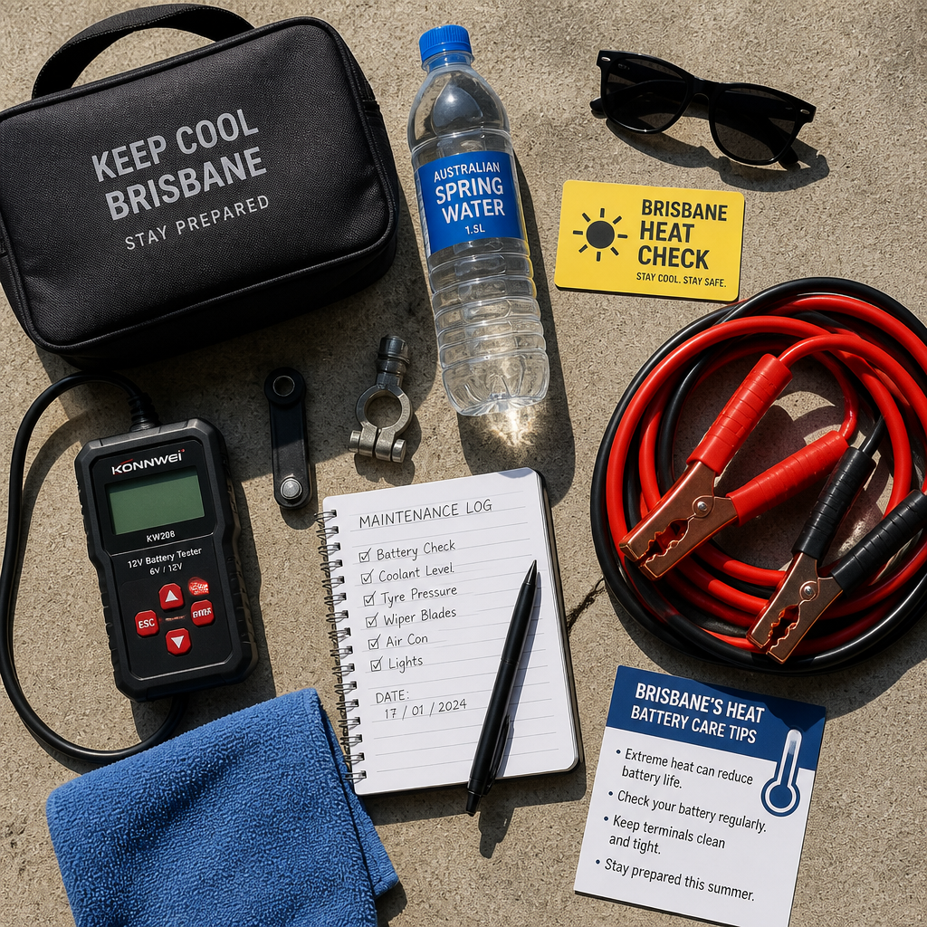 Flat-lay of car battery maintenance tools and supplies arranged on concrete with bright sunlight