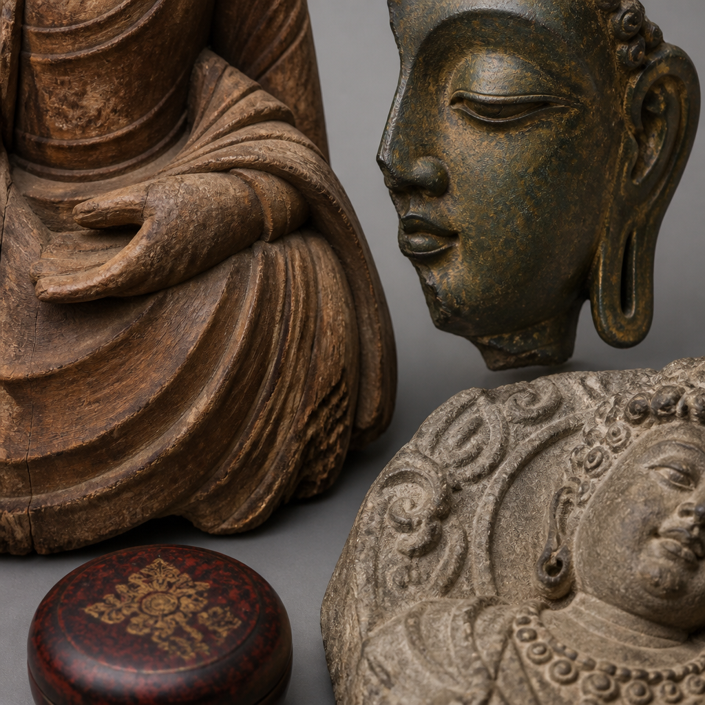 Nahaufnahme verschiedener Materialien einer Buddha-Statue, darunter Holz, Bronze, Stein und Lack, angeordnet, um Textur und Oberflächendetails zu zeigen