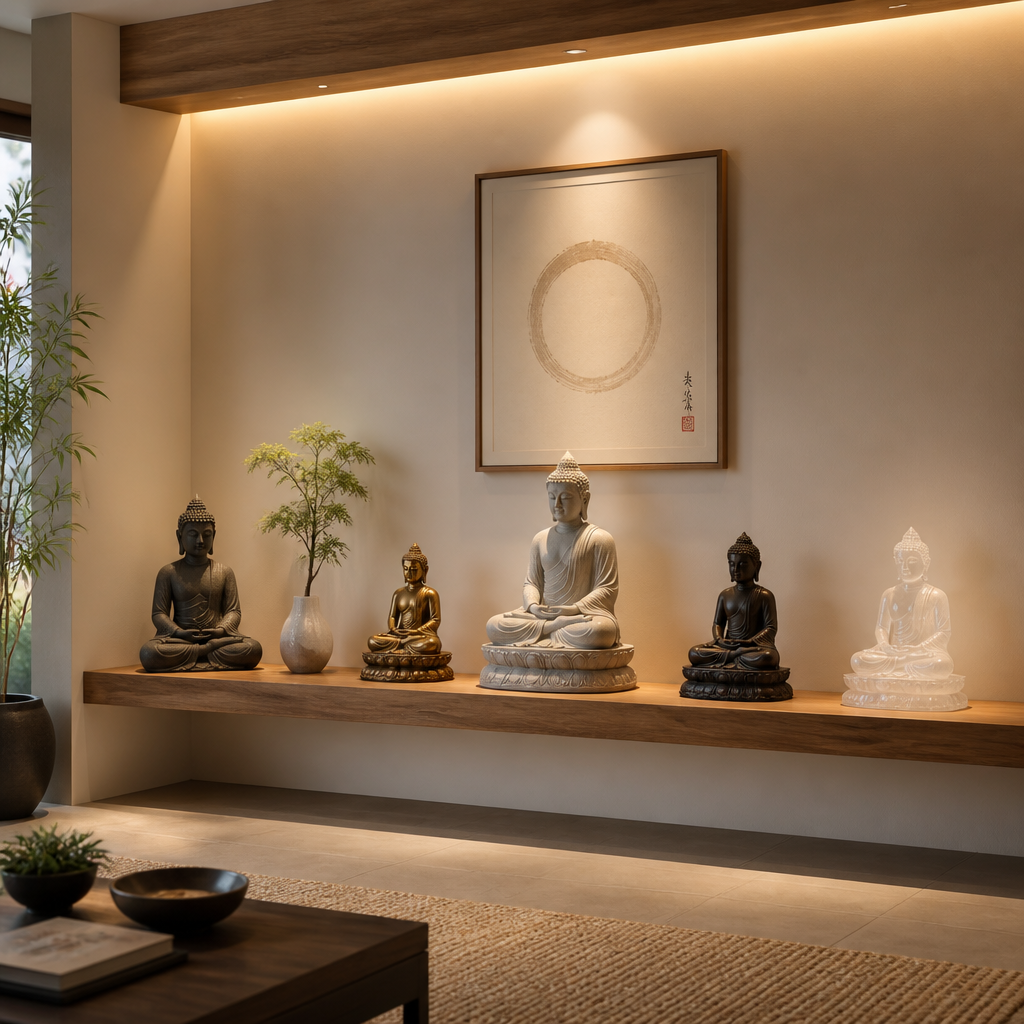 Buddha-Statuen auf einem Regal mit angemessenem Abstand und musealer Beleuchtung in einem minimalistischen Innenraum ausgestellt