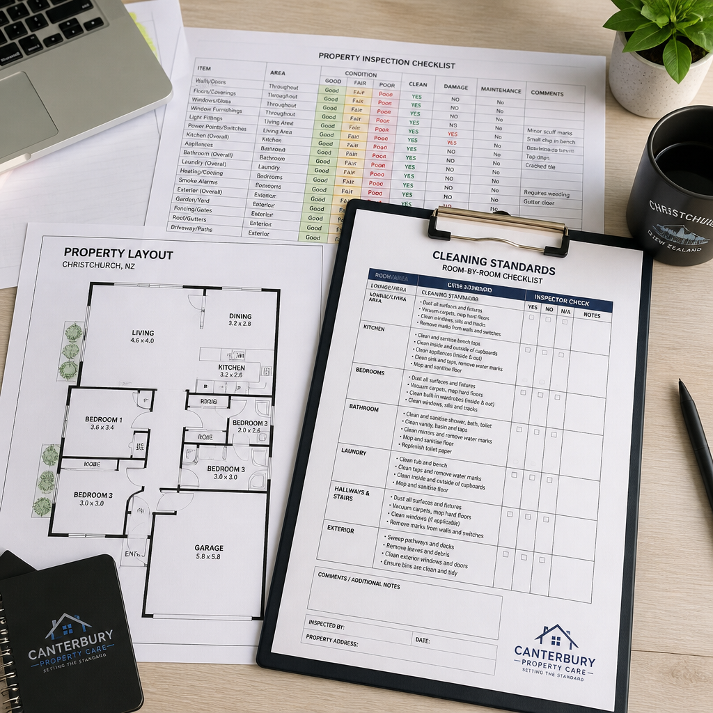 Property inspection checklist and floor plan on a professional workspace desk