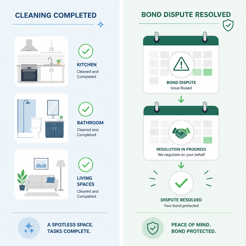 Abstract visual timeline comparing proper cleaning standards to dispute resolution