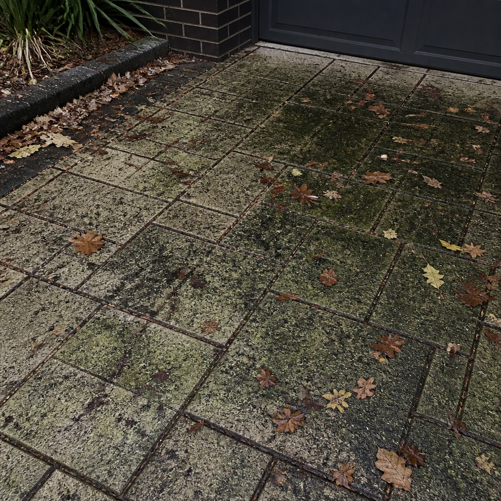 High Pressure Cleaning Driveways Melbourne: Full Guide Stained and weathered driveway with mould and algae growth on concrete pavers which needs - High Pressure Cleaning Driveways by vibrant property services