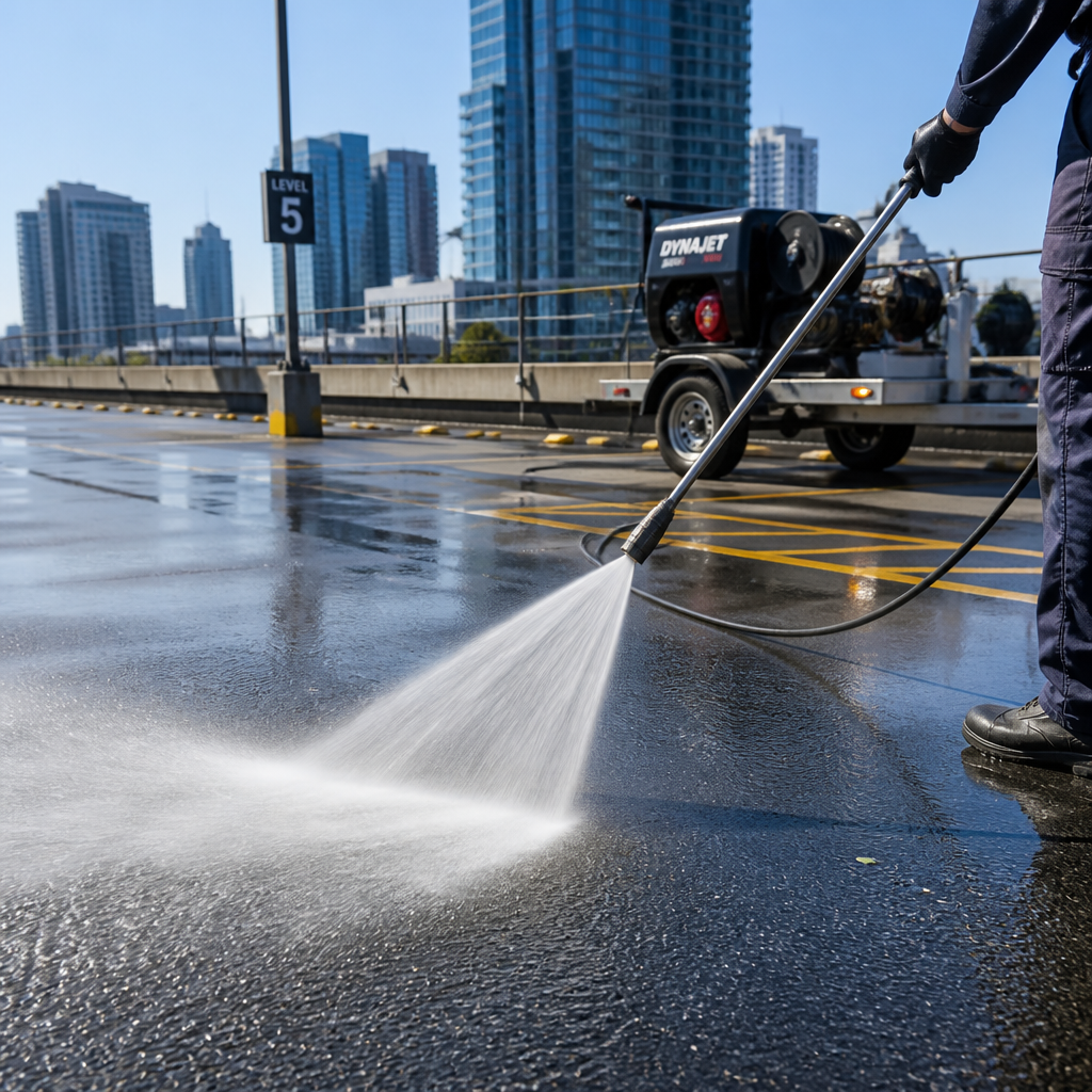 High Pressure Cleaning Driveways Melbourne: Full Guide High-pressure water jet cleaning a commercial car park surface - High pressure cleaning