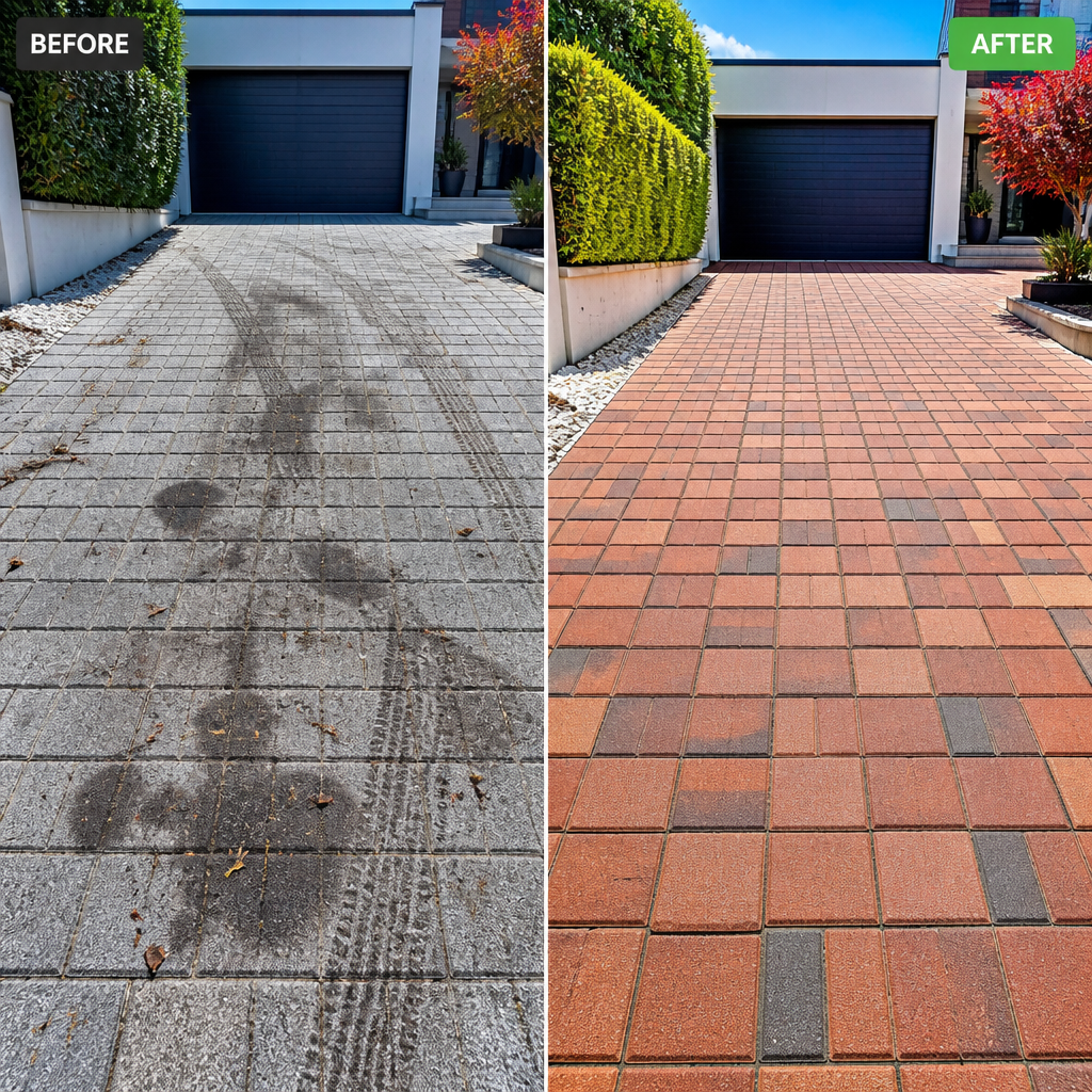 High Pressure Cleaning Driveways Melbourne: Full Guide Before-and-after comparison of a driveway transformation from stained to clean when high pressure cleaning driveways are performed