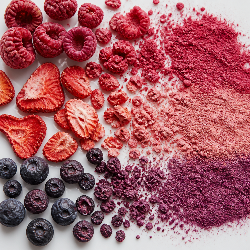 Close-up of freeze-dried fruit pieces transitioning into powder form