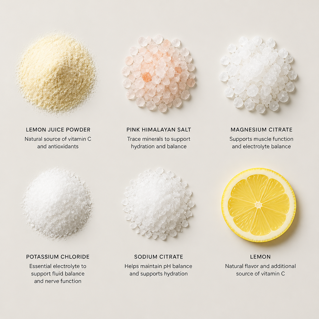 Flat lay of supplement ingredients including fruit juice powder and minerals