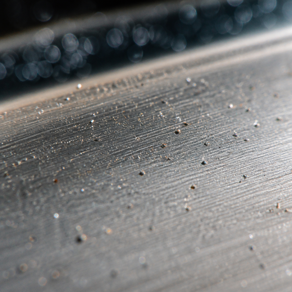 Microscopic view of iron fallout and brake dust embedded in car paint finish