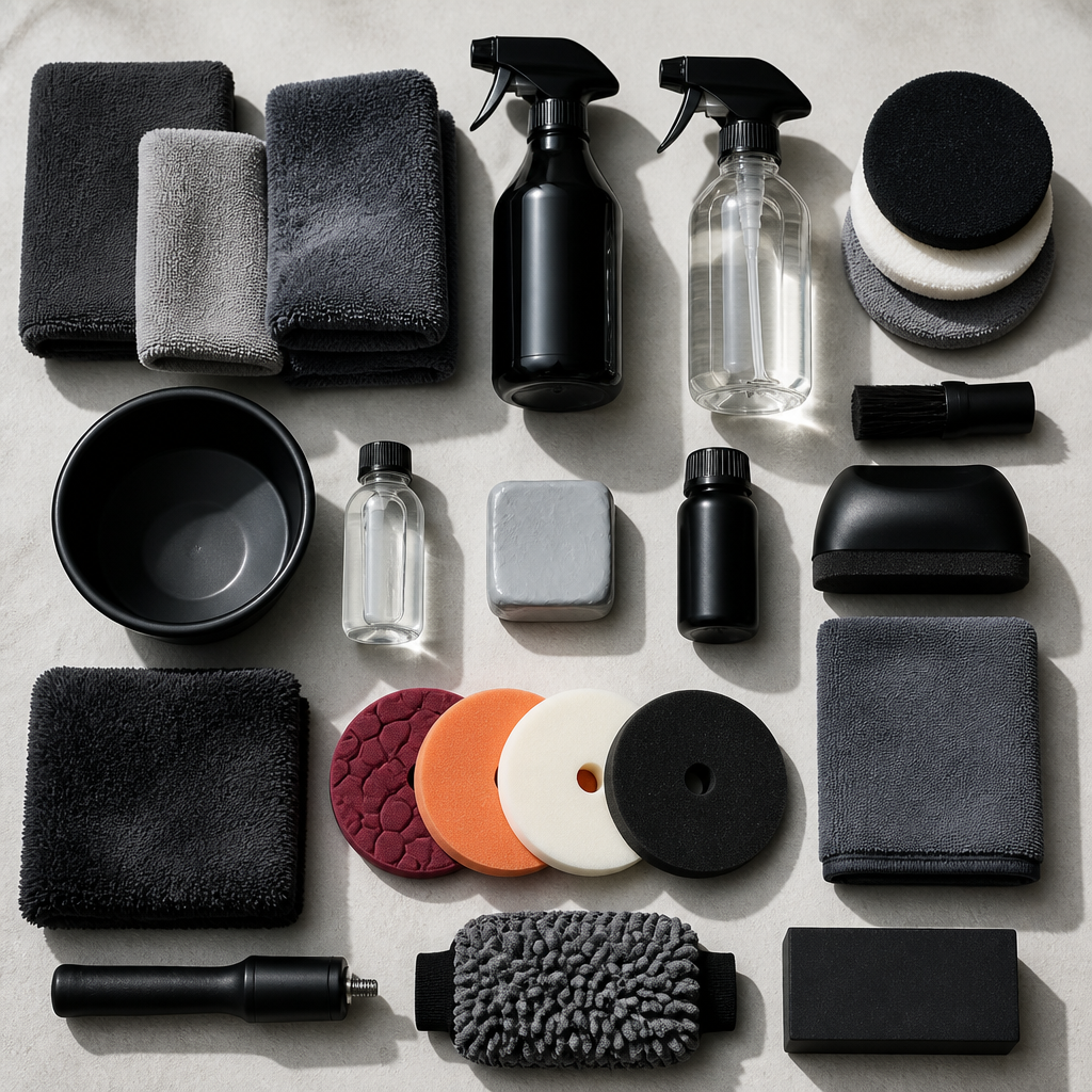 Professional car detailing supplies and tools arranged in a flat lay composition