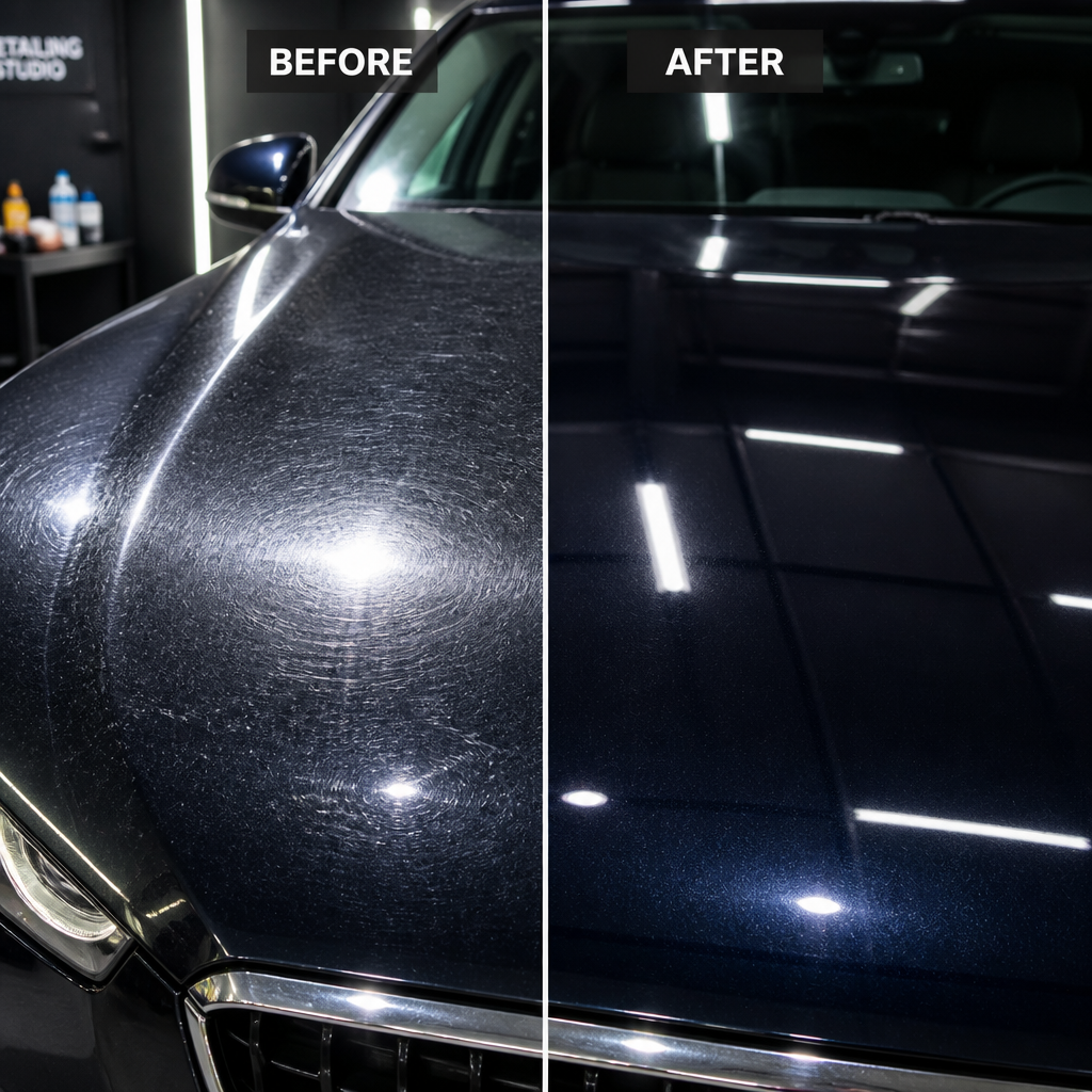 Before and after comparison of car paint transformation from oxidized to ceramic-coated finish