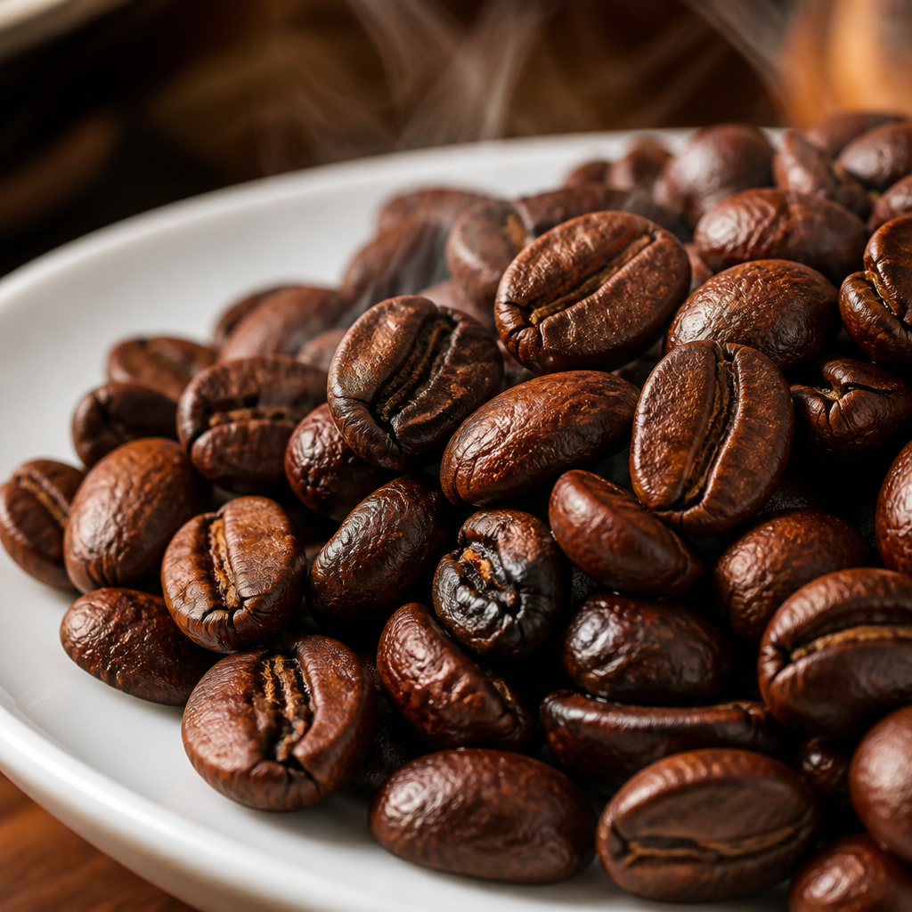 Close-up of dark roasted coffee beans on white ceramic surface with steam